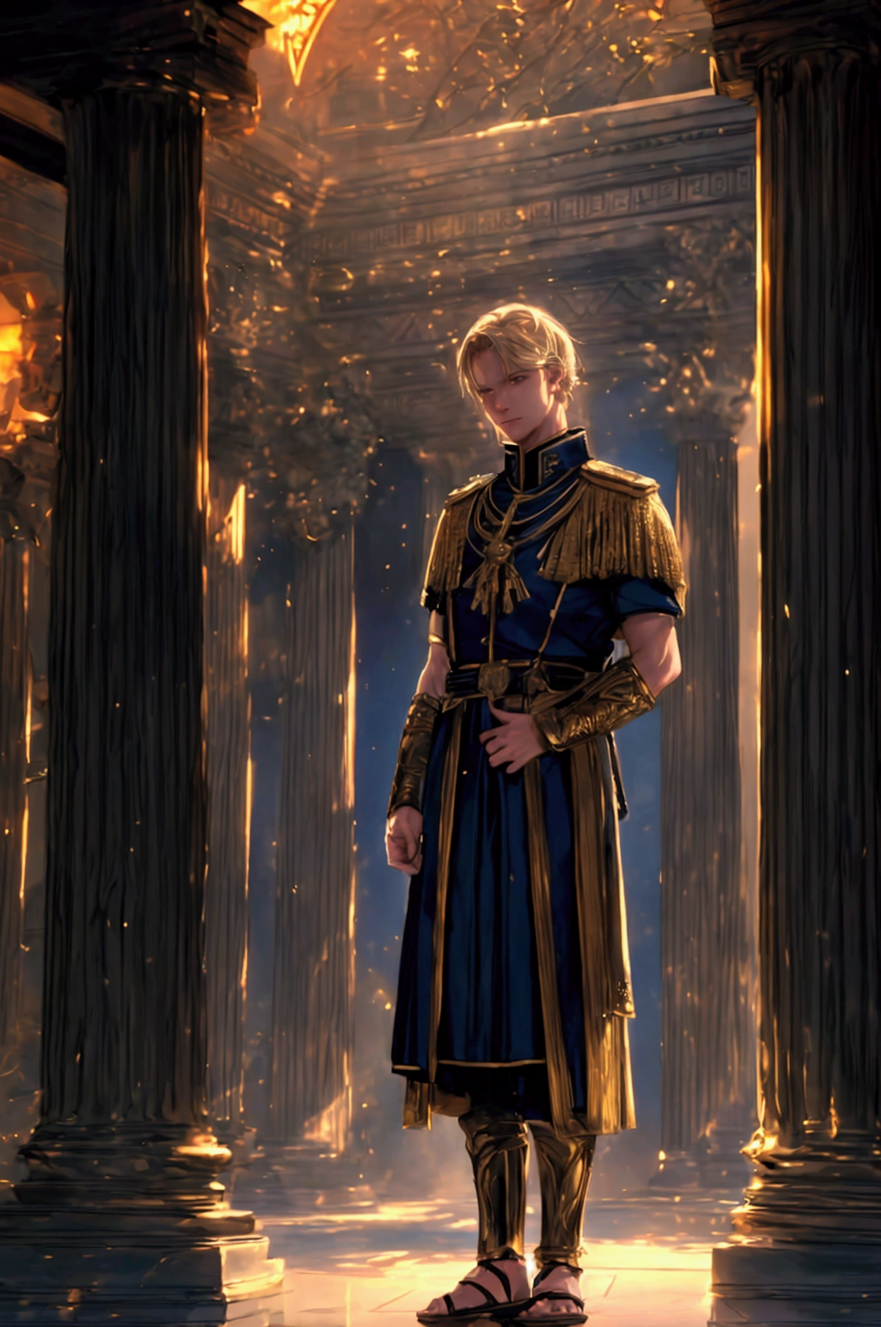 Handsome young blond man, around 20 years old, Roman soldier, wearing liturgical military uniform, Roman sandals and calf and knee pads, Ancient Greek temple, standing leaning against a pillar in thought, bowed slightly, holding helmet under one arm, weight on one leg with the other slightly bent, late night inside the temple (dark: 1.3) (unlit: 1.2), moonlight shining in at an angle and illuminating him clearly, highly detailed, photorealistic, realistic lighting, intricate architecture, ornate decor, cool color palette, golden accents, soft fabric textures, seductive facial expression, graceful pose, cinematic composition, natural lighting, realistic shadows, mysterious atmosphere, hyperrealistic, award-winning art