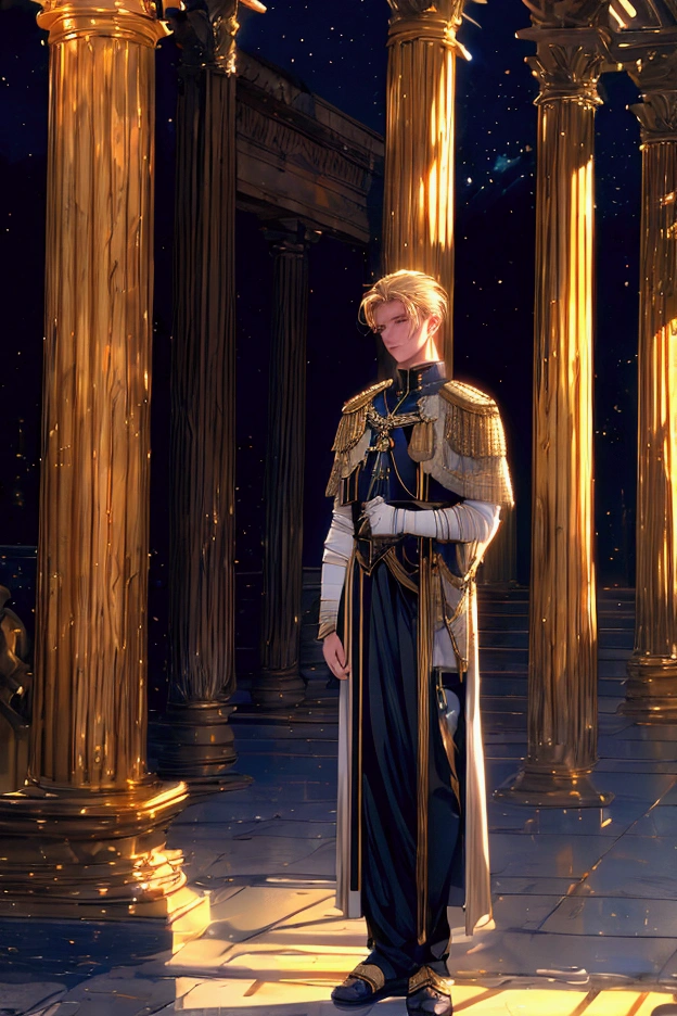 Handsome young blond man, around 20 years old, Roman soldier, wearing liturgical military uniform, Roman sandals and calf and knee pads, Ancient Greek temple, standing leaning against a pillar in thought, bowed slightly, holding helmet under one arm, weight on one leg with the other slightly bent, late night inside the temple (dark: 1.3) (unlit: 1.2), moonlight shining in at an angle and illuminating him clearly, highly detailed, photorealistic, realistic lighting, intricate architecture, ornate decor, cool color palette, golden accents, soft fabric textures, seductive facial expression, graceful pose, cinematic composition, natural lighting, realistic shadows, mysterious atmosphere, hyperrealistic, award-winning art