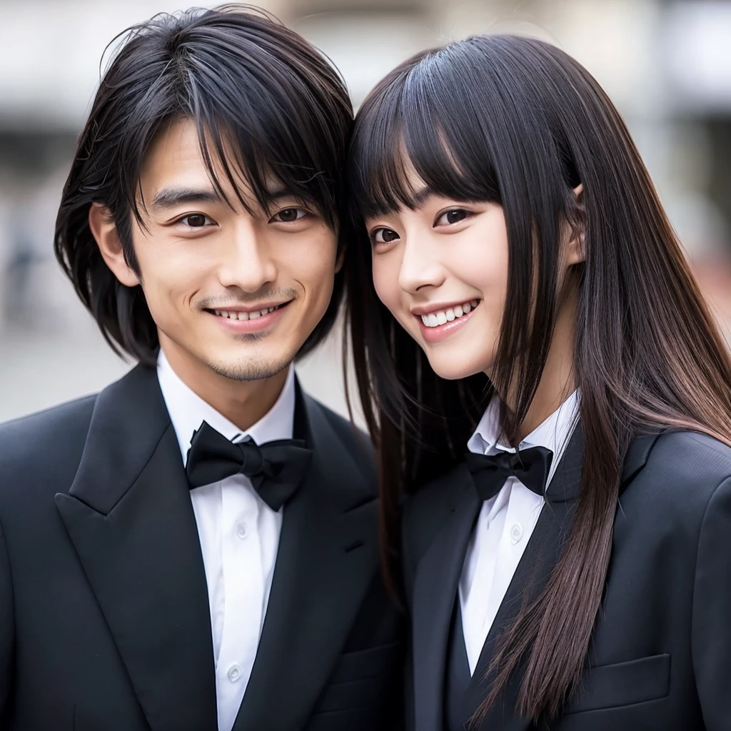 A handsome Japanese man with Japanese hair and a black suit is smiling toothlessly.