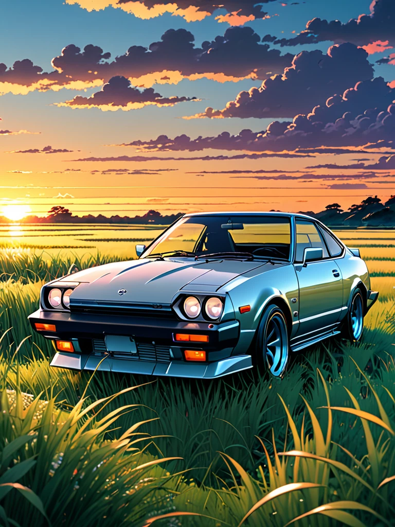 anime landscape of A pearl super light crayfish gray pearl color classic Nissan 240 sport sits in a field of tall grass with a sunset in the background.beautiful anime scene, beautiful anime peace scene, Makoto Shinkai Cyril Rolando, beautiful anime scene, amazing wallpaper, anime art wallpaper 8k, anime background, artistic anime background, anime wallpaper 4k, anime art 4k wallpaper, anime wallpaper art 4k,