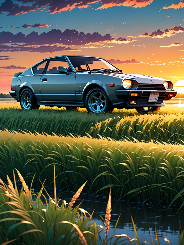 anime landscape of A pearl super light crayfish gray pearl color classic Nissan 240 sport sits in a field of tall grass with a sunset in the background.beautiful anime scene, beautiful anime peace scene, Makoto Shinkai Cyril Rolando, beautiful anime scene, amazing wallpaper, anime art wallpaper 8k, anime background, artistic anime background, anime wallpaper 4k, anime art 4k wallpaper, anime wallpaper art 4k,