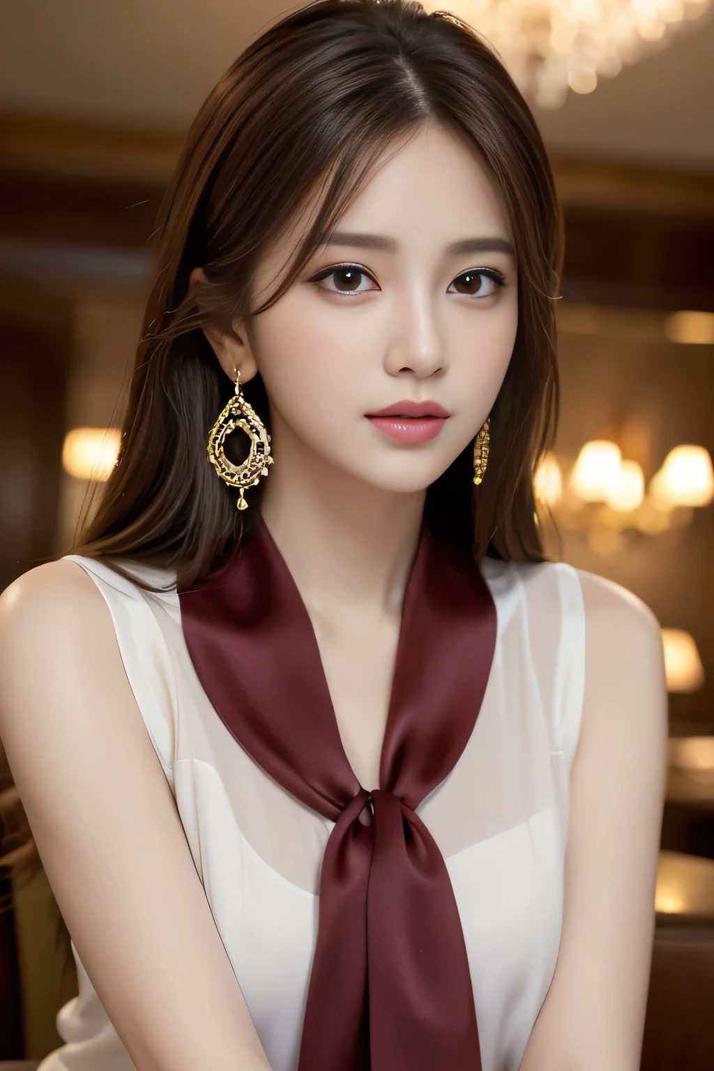 masterpiece, Highest quality, Realistic, Very detailed, Finer details, High resolution, 8k wallpaper, One beautiful woman, Wear an elegant and colorful silk shirt, In a great restaurant, At night, Light brown messy hair, Perfect dynamic composition, Beautiful and beautiful eyes、Big earrings、Sleeveless shirt、