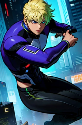 Cyber hero suit young beautiful boy falling down in pain, broken, defeated