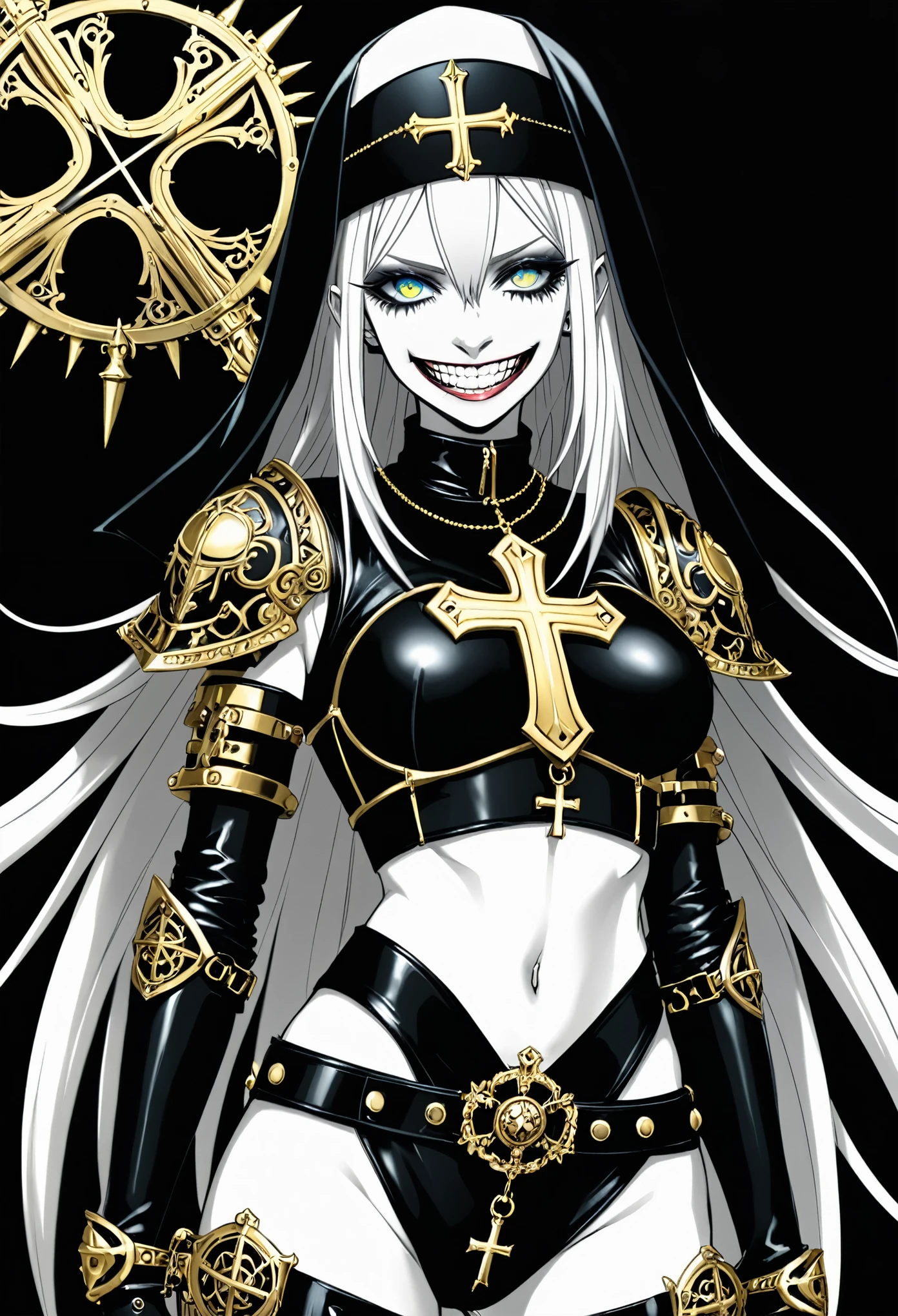 in style of Georg Jensen,Wearing a azul leather jacket,metal cross weapon,Gold ornaments,White long hair,Waist,(Abdominal muscles:1.2),shinny skin,detail eyes,Heterochondria,huge and soft breasts,(((Umbilical nail puncture))),Orange background,Spiked Gothic Punk ,Warrior Nun, anime girl sacred armor, Cybergoth, A fusion of anime style with Fujifilm, inspired by《Saint Lucy Legendary Master》, holy crusader,
