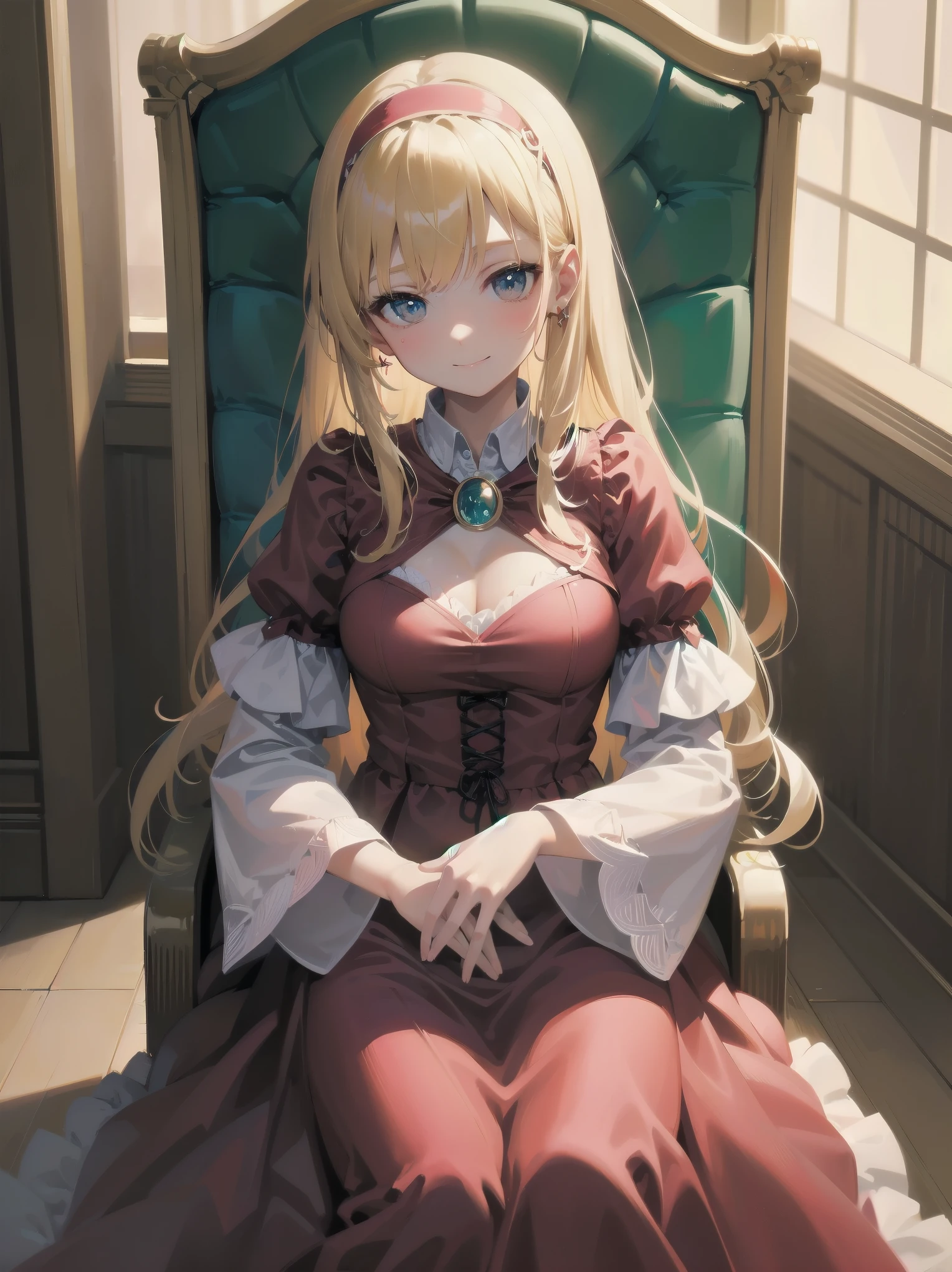 score_9, score_8_up, score_7_up, score_6_up, source_anime, 1girl, solo, defAlexia, long hair, blonde hair, red hairband, brooch, red ballgown, puffy sleeves, frilled sleeves, looking at you, smile, sitting on throne, throne, indoors, stone walls, worried, hand to own chest