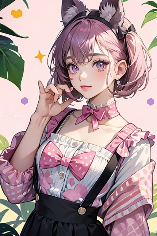 Leafy is a purple girl koala with a black nose and eyes. Her ears are slightly darker, while her cheeks are dark pink. She has a white bow on the top of her head with a print of pink polka-dots. She wears an orange and white tile jumper with a large pink button below each suspender strap. Around her neck is a white frilly collar. SPARKLE; GLITTER