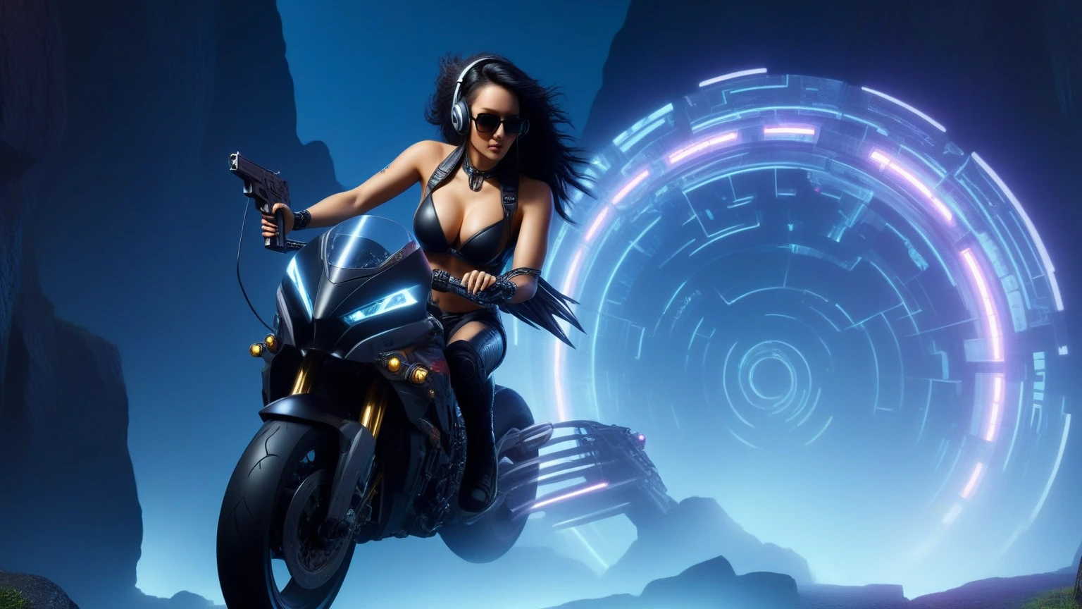 C7b3rp0nkStyle, dark night, prehistoric maze mysterial park, moai statue, waterfall, eagle, cyberpunk, sci-fi, futuristic, tech. (((((1girl, solo, alone, superbiker, close-up superbike shot))))), medium-breast:1.1 slim body, cleavage, sexy clothes, (headphone, black sunglasses, long black realistic hair), (((superbike riding and holding pistol poses))), half-body thigh level medium shot, cinematic lighting, lens flare, ray tracing.
