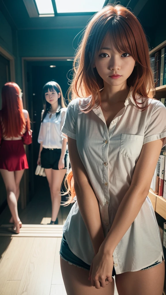 (Natural strawberry blonde and redhead girls with pretty faces), Cute pose, wearing a button shirt,  body, skinny, Atmospheric, Dark atmosphere, Edge lighting, Sayaka Yamamoto, Saito Asuka, Mao Akiyama&#39;s facial features, 8K, Full body portrait, Elegant outfit, Natural light, Spooky greenhouse at night, Sharp focus, (Highly detailed eyes and face, Professional photography techniques), (Beautiful small face, beautiful girl, high , Idol Face, Baby Face:1.4)Happy, K UHD, Hmph, Beautiful and soft skin, Vibrant Skin, blush, (Chirarizum:1.3, Unbutton your shirt:1.5), ((Beautiful breasts:1.2, Cleavage:1.2)), (Small beautiful butt), (Detailed hands:1.2, The optimal ratio is four fingers to one thumb), Perfect proportions, (Perfect Anatomy:1.3), (Highest quality, Masterpiece, Highest quality, Ultra high definition, Photorealism:1.4), ((お互いのbodyに触れ合う:1.2)), (Detailed background and audience:1.4)