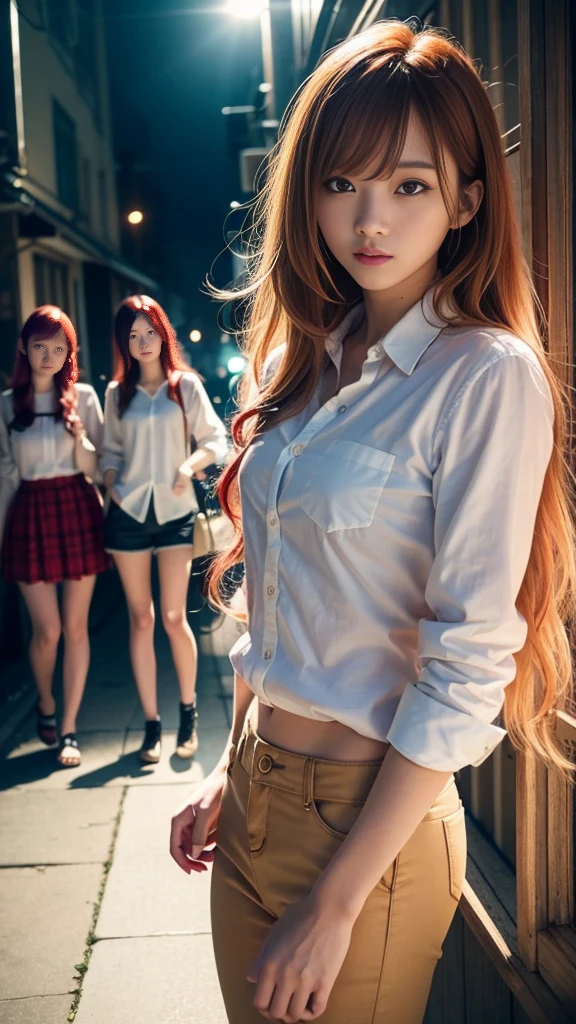(Natural strawberry blonde and redhead girls with pretty faces), Cute pose, wearing a button shirt, body, skinny, Atmospheric, Dark atmosphere, Edge lighting, Sayaka Yamamoto, Saito Asuka, Mao Akiyama's facial features, 8K, Full body portrait, Elegant outfit, Natural light, Spooky greenhouse at night, Sharp focus, (Highly detailed eyes and face, Professional photography techniques), (Beautiful small face, beautiful girl, high , Idol Face, Baby Face:1.4)Happy, K UHD, Hmph, Beautiful and soft skin, Vibrant Skin, blush, (Chirarizum:1.3, Unbutton your shirt:1.5), ((Beautiful breasts:1.2, Cleavage:1.2)), (Small beautiful butt), (Detailed hands:1.2, The optimal ratio is four fingers to one thumb), Perfect proportions, (Perfect Anatomy:1.3), (Highest quality, Masterpiece, Highest quality, Ultra high definition, Photorealism:1.4), ((お互いのbodyに触れ合う:1.2)), (Detailed background and audience:1.4)