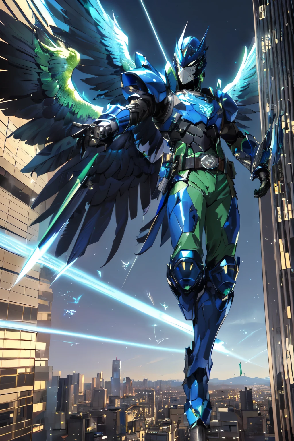 ((best quality)), ((masterpiece)), (detailed), 1 man, full body, 25 years old, masked, blue mask, blue head, uncovered mouth, biker helmet, blue helmet, parrot helmet, black neck, tall, thin, black beak, black details, a green parrot with a blue head on his side, metallic wings, wings on his arms, blue fingerless gloves, blue wristbands, luminous blue wings shooting lasers, blue suit resembling light armor, blue suit with an emblem, entirely green ?????, emblem on his ?????, green pants, deployable bird tail, metallic feathers, gray knee pads, metallic gray boots, metallic bird claws, black superhero belt, flying through the city, midday city background, anime
