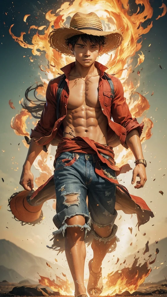 A boy, very strong defined body, short black hair, with straw hat on his head, plenty of fire behind him, with cut scar marked on the chest, with ripped blue denim shorts and red shirt.