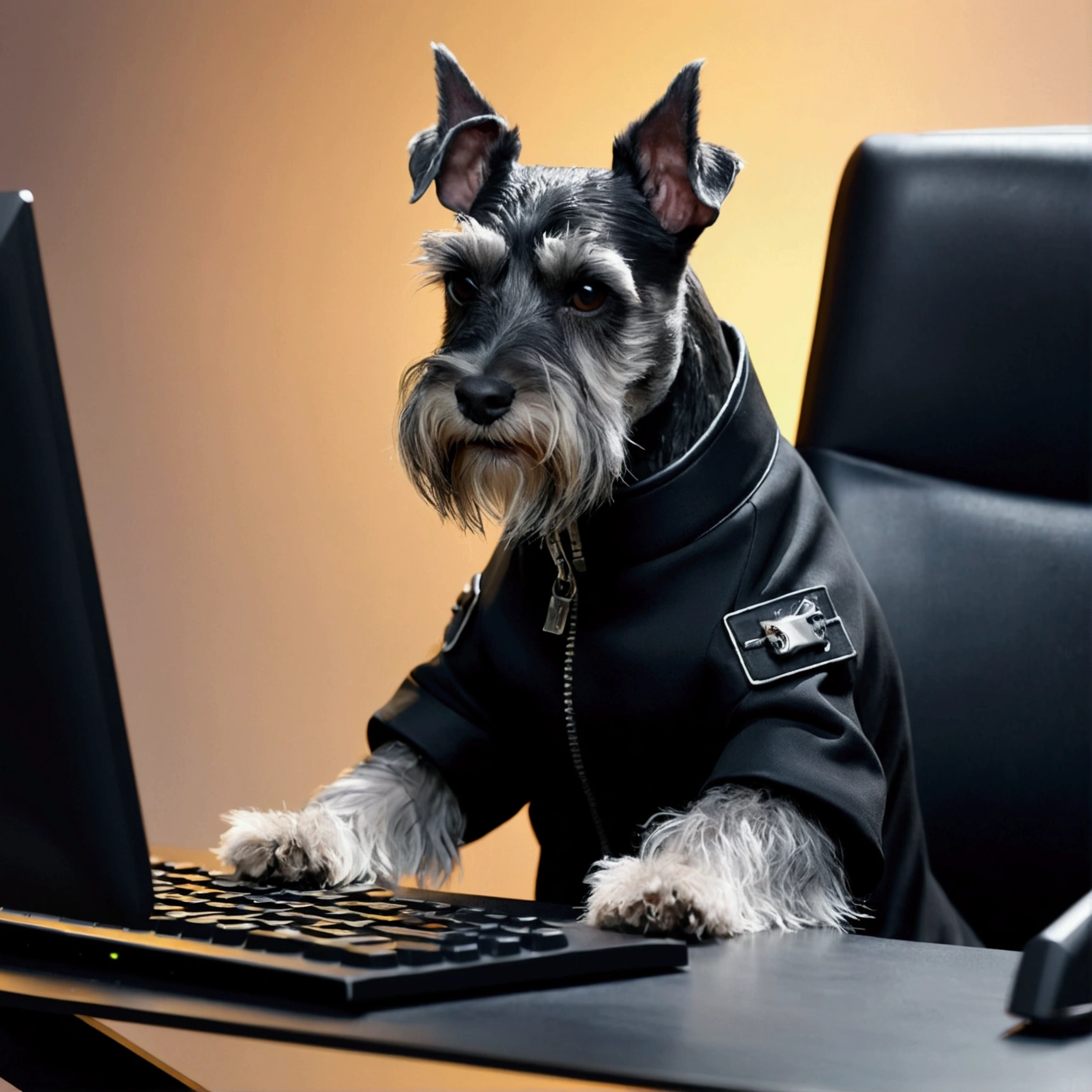 Master Parts, About the Schnauzer, Matrix Style, Black jacket, Entering via keyboard, Sitting in a chair in front of a computer, Dynamic Angle, Highest quality, 4K,