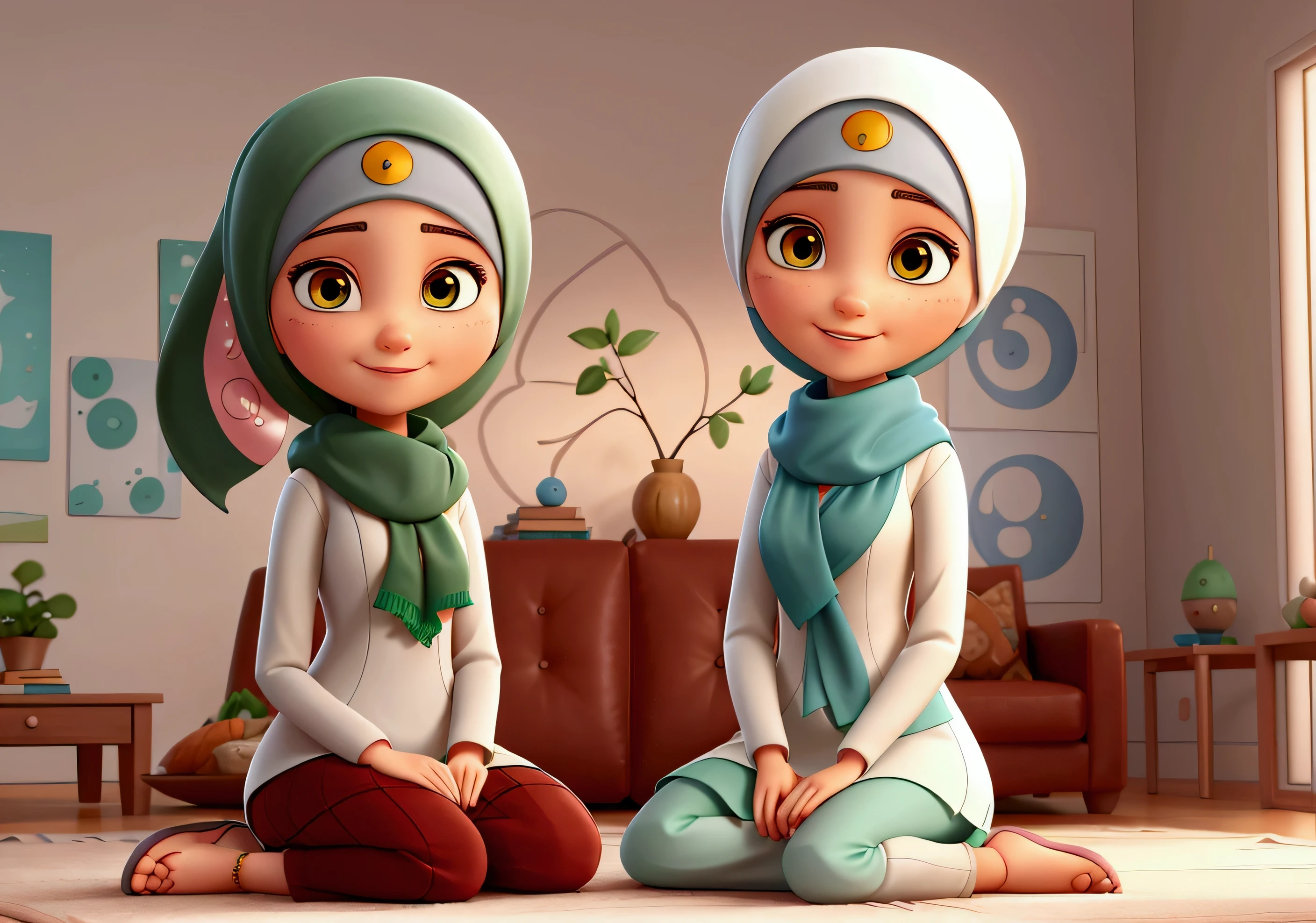 A beautiful girl with a modern Islamic hijab tied to her neck, a cartoon character in the Disney Pixar style, brown eyes and white skin, with a broad smile, her head tilted slightly, her long hijab covering her feet, the hijab is reddish-gray, with an emerald green scarf, sitting on a modern light gray sofa, in Modern living room with decorative walls