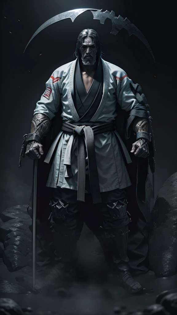 A Jiu-Jitsu fighter wearing a white kimono, with the black sash tied tightly around the waist. Your body is muscular and agile, ready to face any challenge on the mat. He maintains a confident posture, with feet apart and arms relaxed. Your eyes are focused, and its expression conveys determination and respect for the traditions of the sport.