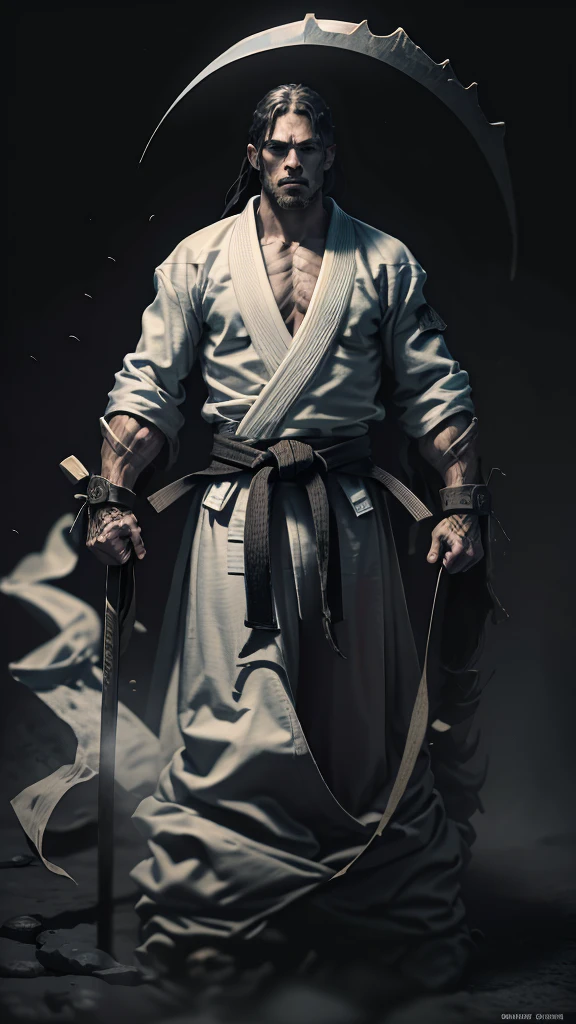 A Jiu-Jitsu fighter wearing a white kimono, with the black sash tied tightly around the waist. Your body is muscular and agile, ready to face any challenge on the mat. He maintains a confident posture, with feet apart and arms relaxed. Your eyes are focused, and its expression conveys determination and respect for the traditions of the sport.