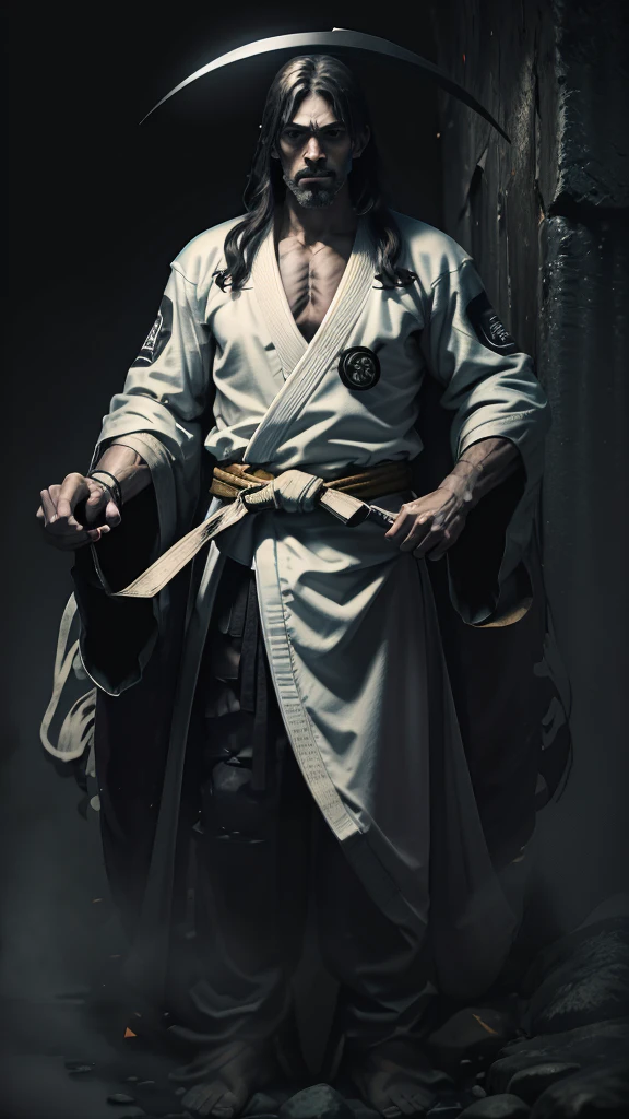 A Jiu-Jitsu fighter wearing a white kimono, with the black sash tied tightly around the waist. Your body is muscular and agile, ready to face any challenge on the mat. He maintains a confident posture, with feet apart and arms relaxed. Your eyes are focused, and its expression conveys determination and respect for the traditions of the sport.