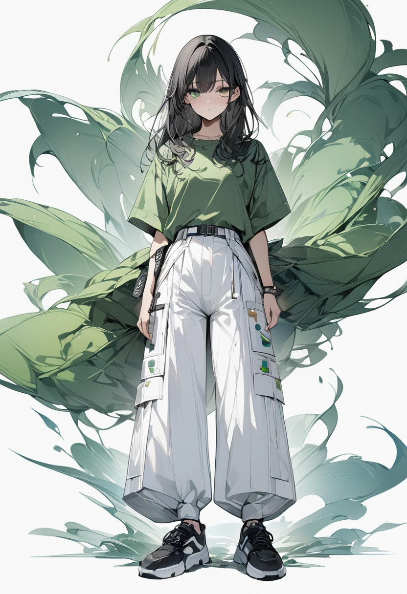 (masterpiece、Highest quality:1.2、8K)、Only one girl in the center、One person、Green Shirt、Layered、White wide pants、Black sneakers、whole body、Simple Background、White background、Eyes are clearly visible