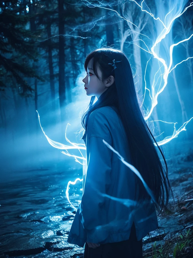 Blue Flame、ghost、Dark Forest、night、深night、Red eyes、Apparition、mysterious、lake、Foggy、turn around、spirit、Illusion、woman、turn around、Hair fluttering in the wind、Copyright circumvention、Blue light、