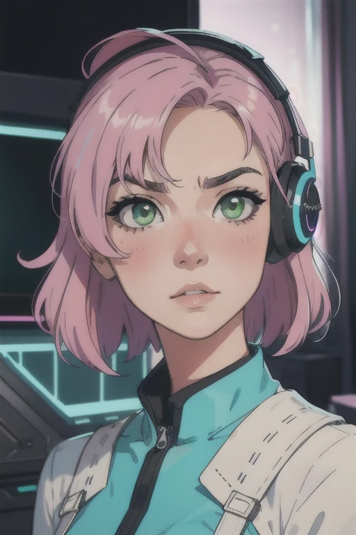 work of art, best qualityer, 4K, standing alone, 20 year, 1 girl, neon gamer room background, beautiful  face,  side of the face 3/4, beautfull woman, Realistic Anime, shorth hair, wavy, middle-parted bangs, cabelo roxo, pink hair tips, blue headset on head, long eyelashes, lime green eyes, olhos semicerrados Serious, blush on cheeks, position 3/4 of the face, Serious, wearing light green blouse, photo pose with face turned to the side