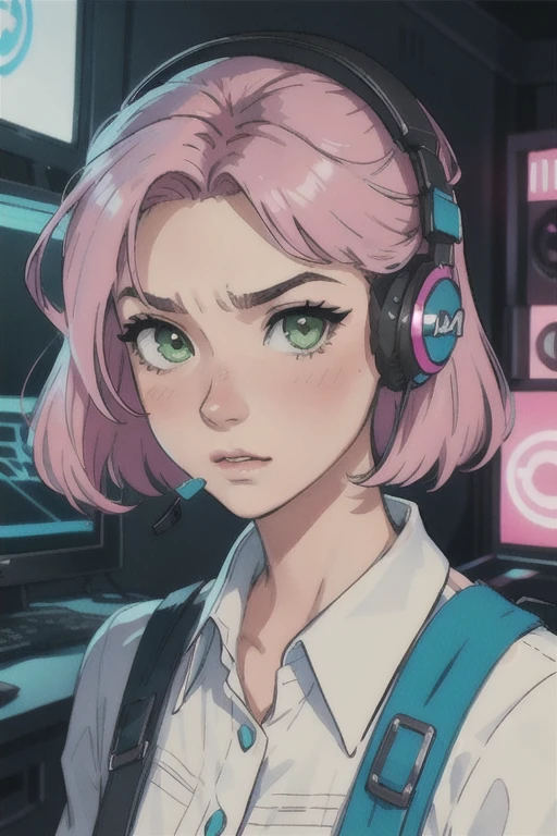 work of art, best qualityer, 4K, standing alone, 20 year, 1 girl, neon gamer room background, beautiful face, side of the face 3/4, beautfull woman, Realistic Anime, shorth hair, wavy, middle-parted bangs, cabelo roxo, pink hair tips, blue headset on head, long eyelashes, lime green eyes, olhos semicerrados Serious, blush on cheeks, position 3/4 of the face, Serious, wearing light green blouse, photo pose with face turned to the side