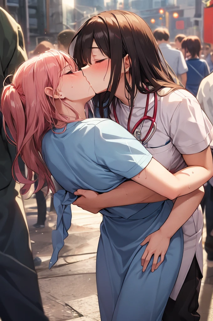 Two female nurses having fun in the hospital、Lesbian Mika、Greedy kiss、Yodare、tongue、modest chest、