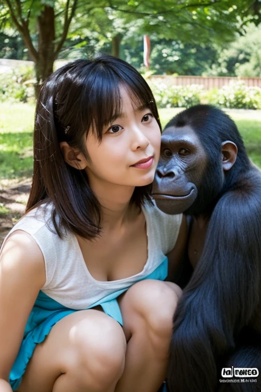 A (((18 ten holding a monkey and a monkey in her arms,))) Nami from one piece. Wearing micro skirt. ((And her get hugs with Lewd monkey groping her in jungle)).(realistic arts), intricate, (monkey craves her carnally), nipslip, puffy nip, ((monkey grabbing breasts))