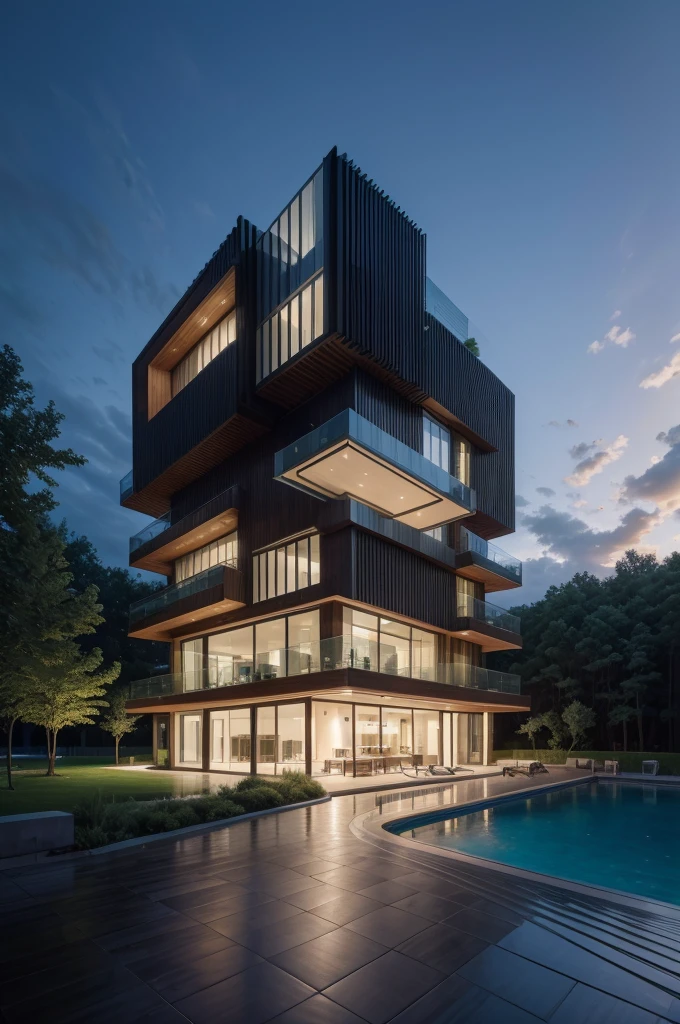 Generate a high resolution image with realistic details of a 7-story Zaha Hadid style building with wood and metal texture, the ground floor of the building must have a reception and an infinity pool with landscape to the horizon, rural landscape at dusk in high quality, 8k UHD