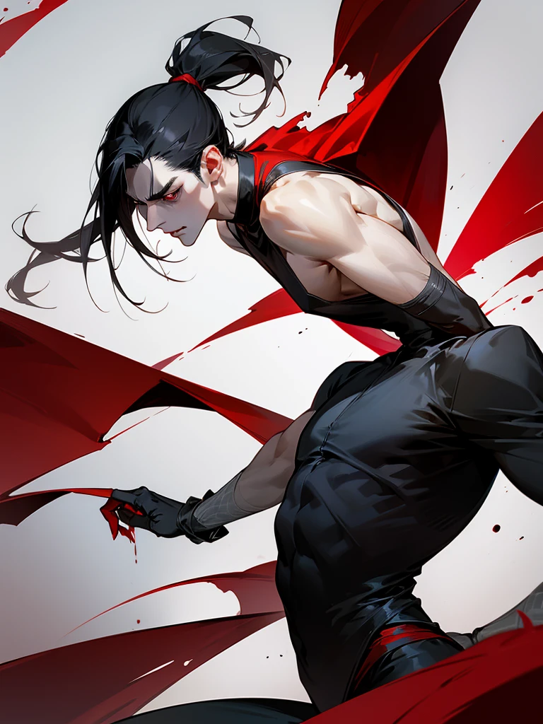 A male with medium-length black hair (Short Ponytail), blood-red eyes, Fair skin, a slender figure, an evil expression (the corners of his mouth are raised), criminal