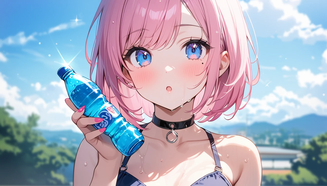 (1 girl),(Best Picture Quality, 8K, Masterpiece:1.3), (high school student:1.5), ((pink lob hair:1.1)), (bob cut),(swept bangs), (cute eyes, pupil black, iris skyblue, youthful face), (mole under right eye), (standard weight), (small breasts), (glistening skin:1.1),(pale skin:1.2), ((Gyaru fashion:1.3)),(wet:1.1),(blue sky, blurry, blurry background, chromatic aberration, cloud, cloudy sky, day, depth of field, glint, outdoors, ramune, sky), (soda bottle),(magnificent view)