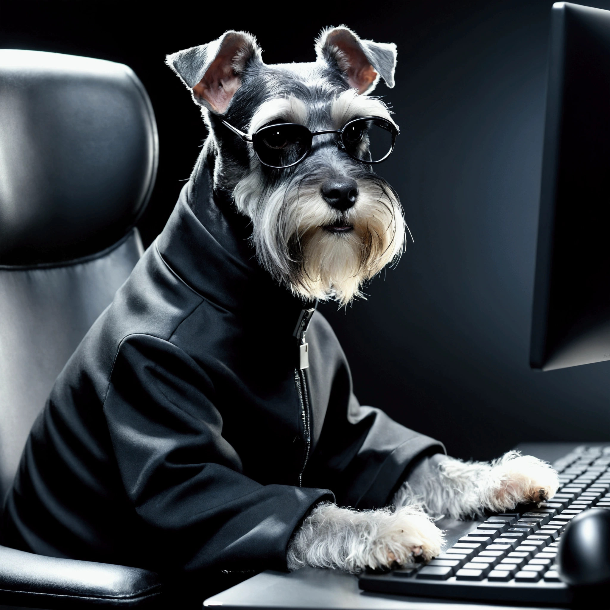 Master Parts, About the Schnauzer, Matrix Style, Black jacket, Entering via keyboard, Sitting in a chair in front of a computer, Dynamic Angle, Highest quality, 4K,