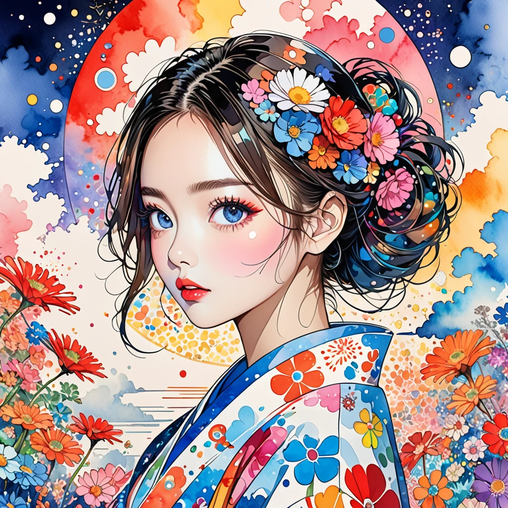 Takashi Murakami Style、(((stylish fashion))), 8K Quality、Intense watercolor, Detailed watercolor art, Watercolor splash, Surreal, avant-garde pop art, Beautiful and expressive paintings, Beautiful artwork illustration, Very colorful tones, wonderful, Cool beauty, highest quality、Official Art, Vector art, Stylish design, (((The most beautiful girl))), (((highest quality))), HDR, ((detailed)), (((Doodle Art)), ((masterpiece)), ((Super detailed)), (((Colorful flowers))),(((Stylish))), Simple line initials，Abstract art，Urban Background, Colorful Hearts ,(((The most beautiful girl of all time))), Microphotography, Anime girl made of glass in kimono silhouette, vibrant rainbow river, fireworks in night sky, colorful coral reefs, detailed illustration, Ukiyo-e style