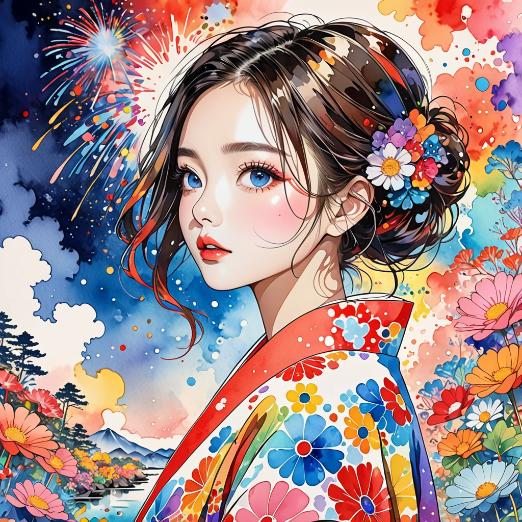 Takashi Murakami Style、(((stylish fashion))), 8K Quality、Intense watercolor, Detailed watercolor art, Watercolor splash, Surreal, avant-garde pop art, Beautiful and expressive paintings, Beautiful artwork illustration, Very colorful tones, wonderful, Cool beauty, highest quality、Official Art, Vector art, Stylish design, (((The most beautiful girl))), (((highest quality))), HDR, ((detailed)), (((Doodle Art)), ((masterpiece)), ((Super detailed)), (((Colorful flowers))),(((Stylish))), Simple line initials，Abstract art，Urban Background, Colorful Hearts ,(((The most beautiful girl of all time))), Microphotography, Anime girl made of glass in kimono silhouette, vibrant rainbow river, fireworks in night sky, colorful coral reefs, detailed illustration, Ukiyo-e style
