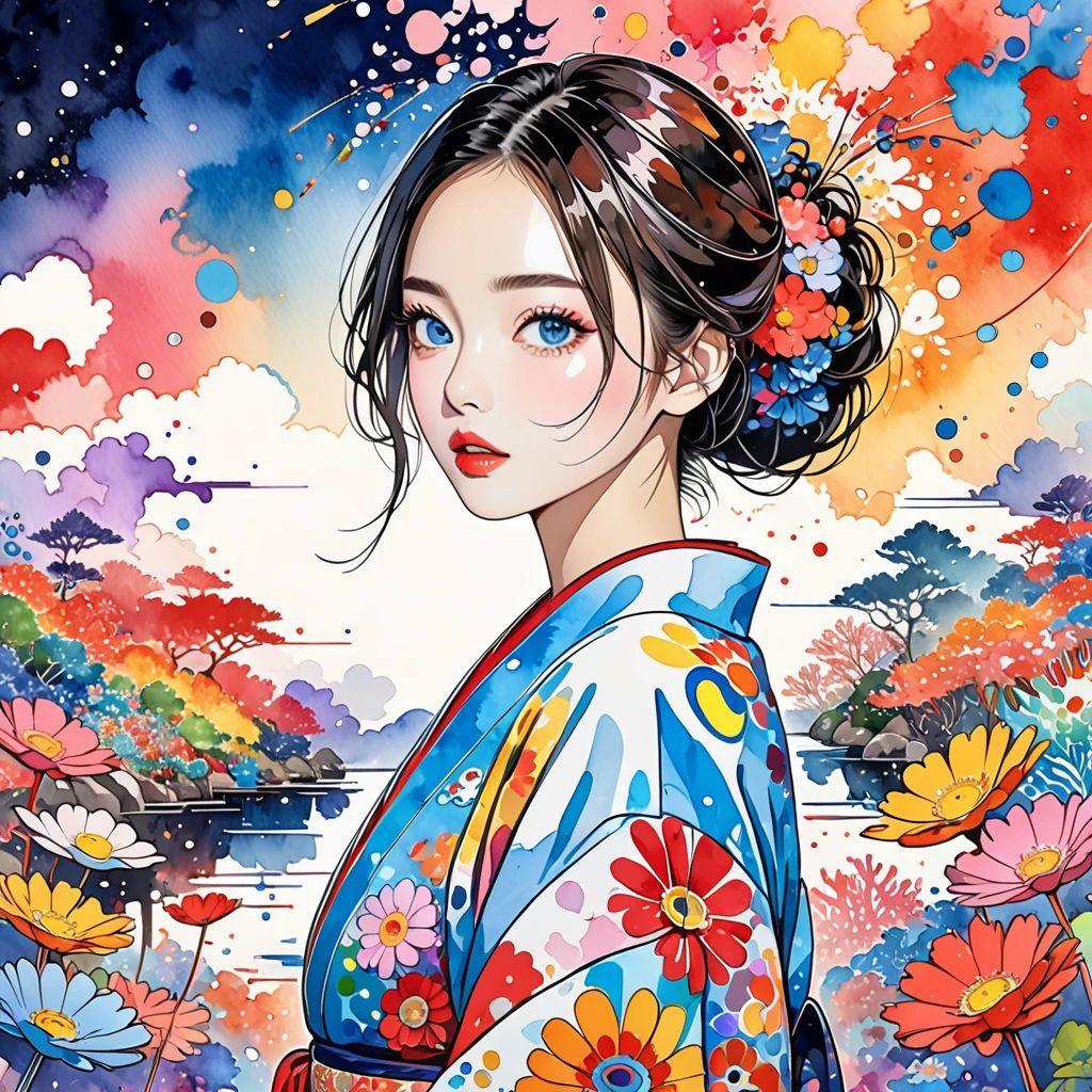 Takashi Murakami Style、(((stylish fashion))), 8K Quality、Intense watercolor, Detailed watercolor art, Watercolor splash, Surreal, avant-garde pop art, Beautiful and expressive paintings, Beautiful artwork illustration, Very colorful tones, wonderful, Cool beauty, highest quality、Official Art, Vector art, Stylish design, (((The most beautiful girl))), (((highest quality))), HDR, ((detailed)), (((Doodle Art)), ((masterpiece)), ((Super detailed)), (((Colorful flowers))),(((Stylish))), Simple line initials,Abstract art,Urban Background, Colorful Hearts ,(((The most beautiful girl of all time))), Microphotography, Anime girl made of glass in kimono silhouette, vibrant rainbow river, fireworks in night sky, colorful coral reefs, detailed illustration, Ukiyo-e style