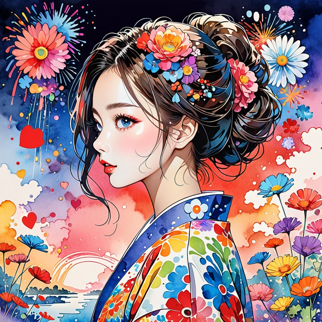 Takashi Murakami Style、(((stylish fashion))), 8K Quality、Intense watercolor, Detailed watercolor art, Watercolor splash, Surreal, avant-garde pop art, Beautiful and expressive paintings, Beautiful artwork illustration, Very colorful tones, wonderful, Cool beauty, highest quality、Official Art, Vector art, Stylish design, (((The most beautiful girl))), (((highest quality))), HDR, ((detailed)), (((Doodle Art)), ((masterpiece)), ((Super detailed)), (((Colorful flowers))),(((Stylish))), Simple line initials,Abstract art,Urban Background, Colorful Hearts ,(((The most beautiful girl of all time))), Microphotography, Anime girl made of glass in kimono silhouette, vibrant rainbow river, fireworks in night sky, colorful coral reefs, detailed illustration, Ukiyo-e style