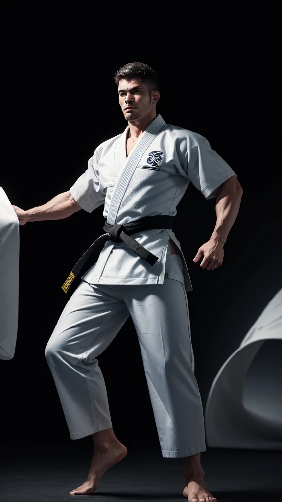 A Jiu-Jitsu fighter wearing a white kimono, with the black sash tied tightly around the waist. Your body is muscular and agile, ready to face any challenge on the mat. He maintains a confident posture, with feet apart and arms relaxed. Your eyes are focused, and its expression conveys determination and respect for the traditions of the sport.