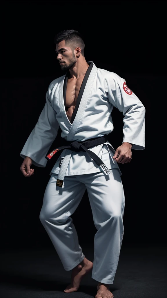 A Jiu-Jitsu fighter wearing a white kimono, with the black sash tied tightly around the waist. Your body is muscular and agile, ready to face any challenge on the mat. He maintains a confident posture, with feet apart and arms relaxed. Your eyes are focused, and its expression conveys determination and respect for the traditions of the sport.