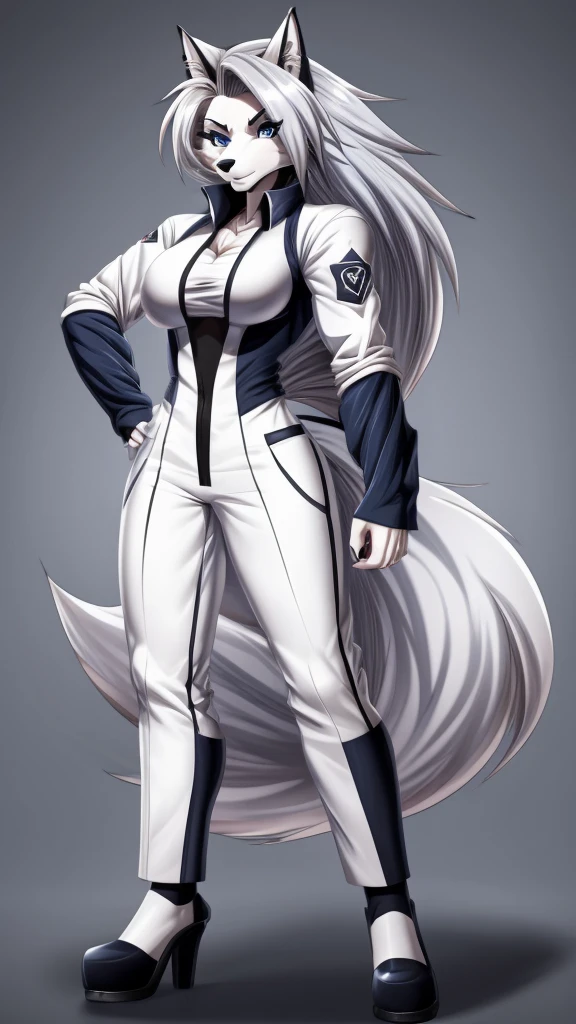 Loona from Helluva Boss, female wolf, anthro, white hair, blue eyes, mature adult, tall, muscular, tomboy, massive female, full combat white suit, standing, solo, beautiful, high quality, clear background, manhwa style, 4K