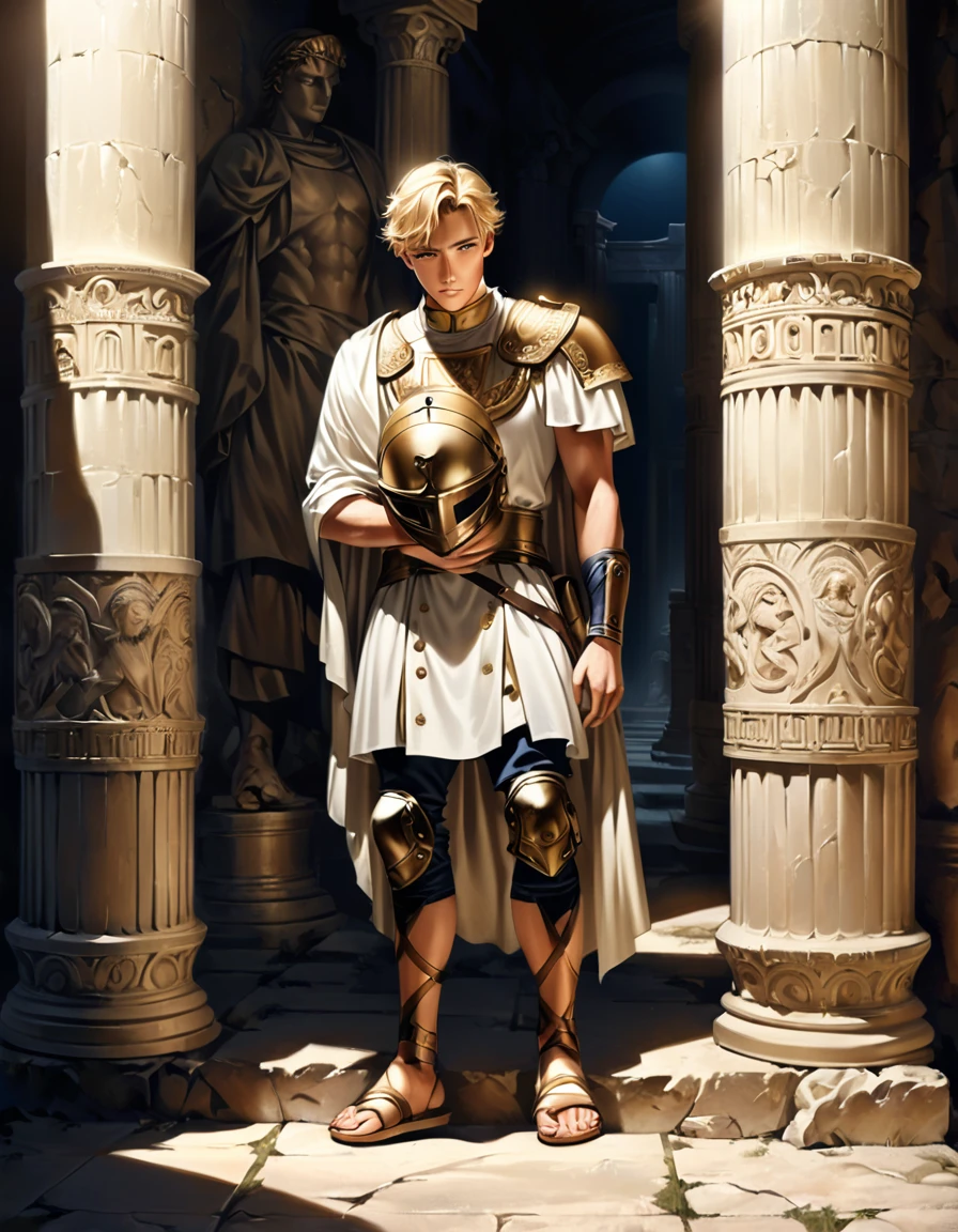 Handsome young blond man, around 20 years old, Roman soldier, wearing liturgical military uniform, Roman sandals and calf and knee pads, Ancient Greek temple, standing leaning against a pillar in thought, bowed slightly, holding helmet under one arm, weight on one leg with the other slightly bent, late night inside the temple (dark: 1.3) (unlit: 1.2), moonlight shining in at an angle and illuminating him clearly, highly detailed, photorealistic, realistic lighting, intricate architecture, ornate decor, cool color palette, golden accents, soft fabric textures, seductive facial expression, graceful pose, cinematic composition, natural lighting, realistic shadows, mysterious atmosphere, hyperrealistic, award-winning art