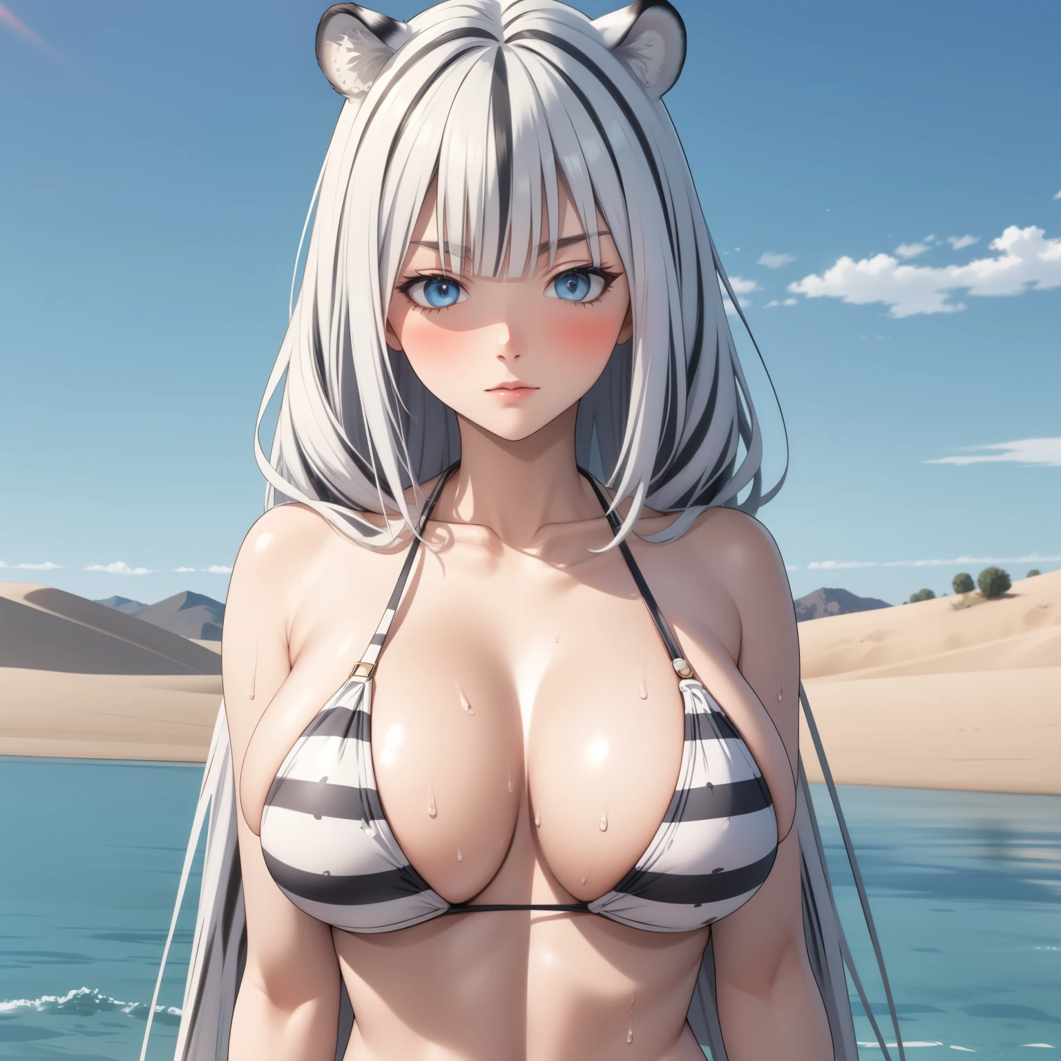 Atlas Fayon woman 40 years old, white hair with black stripes ,white tiger ears, Detailed sapphire blue eyes, blue eyes, arrogant expression, blush, pale skin, big breasts,  white bikini with stripes, WET BODY, background a lake in the middle of the desert