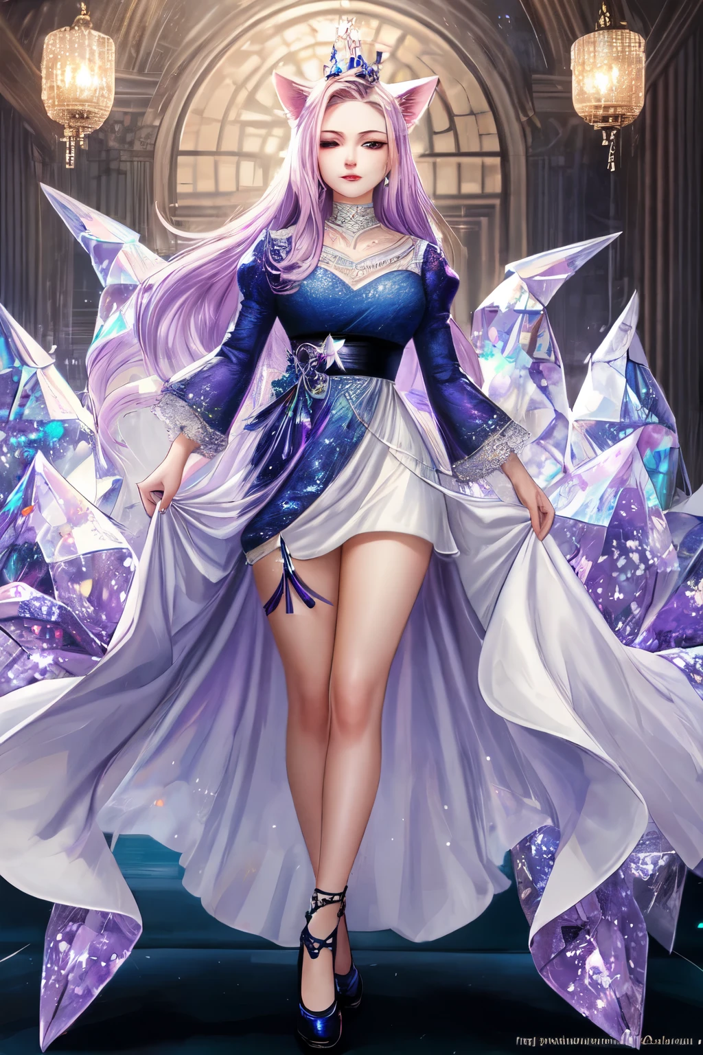 ((best quality)), ((masterpiece)), (detailed), detailed eyes, detailed hands, full-body image, humanoid kitsune, diamond crown on top of head, light purple hair, light purple fox ears, wearing a short kimono, two ((2)) translucent purple crystal fox tails, star shape marking on her forehead, delicate and beautiful detailing, beautiful face, well-proportioned and detailed eyes, round detailed eyes, beautiful detailed and clear eyes, long flat bangs, fictional art, best photo, best quality, very beautiful and meticulous star shape forehead marking, delicate, mouth closed smile, not fully smiling