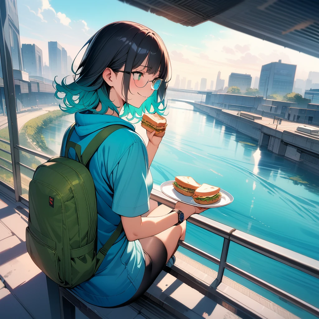 (masterpiece),(best quality),very aesthetic,(ultra-detailed),(super-fine illustration),vibrant colors,high saturation,nsfw,1girl,25yo,slender,tall,medium hair,black hair,natural wave hair,flipped hair,dark green eyes,comfortable,smirk,glasses,straw hat with leaf color ribbon,standing,glasses,carrying a aqua blue rucksack, (thigh-high parka dress with gradient earth color,black bike shorts),short sleeves,Sneaker Shoes,wristwatch,river terrace,sitting indian style on glass field,eating Sandwiches,summer,Industrial area in the distance,cowboy shot,looking away,from behind