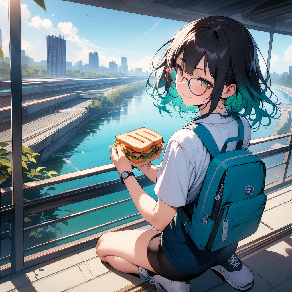 (masterpiece),(best quality),very aesthetic,(ultra-detailed),(super-fine illustration),vibrant colors,high saturation,nsfw,1girl,25yo,slender,tall,medium hair,black hair,natural wave hair,flipped hair,dark green eyes,comfortable,smirk,glasses,straw hat with leaf color ribbon,standing,glasses,carrying a aqua blue rucksack, (thigh-high parka dress with gradient earth color,black bike shorts),short sleeves,Sneaker Shoes,wristwatch,river terrace,sitting indian style on glass field,eating Sandwiches,summer,Industrial area in the distance,cowboy shot,looking away,from behind