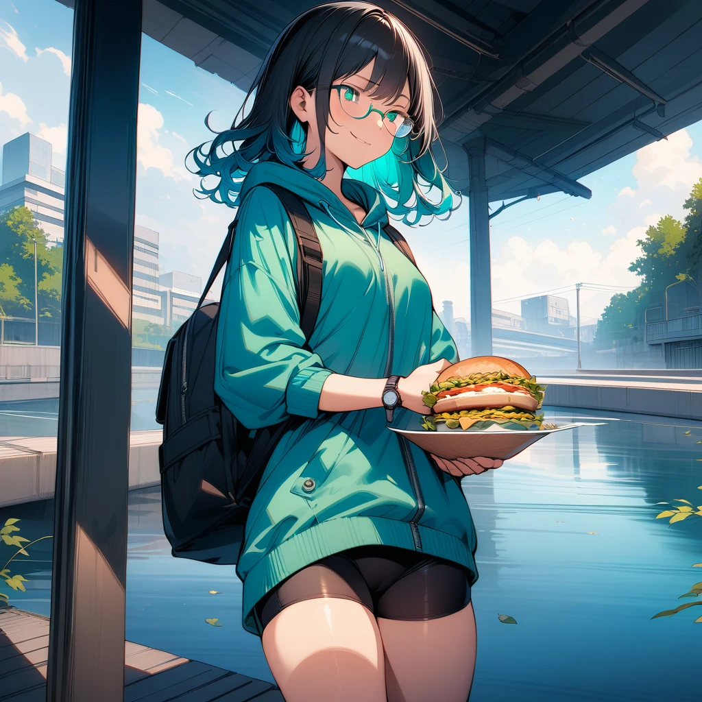 (masterpiece),(best quality),very aesthetic,(ultra-detailed),(super-fine illustration),vibrant colors,high saturation,nsfw,1girl,25yo,slender,tall,medium hair,black hair,natural wave hair,flipped hair,dark green eyes,comfortable,smirk,glasses,straw hat with leaf color ribbon,standing,glasses,carrying a aqua blue rucksack, (thigh-high parka dress with gradient earth color,black bike shorts),short sleeves,Sneaker Shoes,wristwatch,river terrace,sitting indian style on glass field,eating Sandwiches,summer,Industrial area in the distance,cowboy shot,looking away,from behind