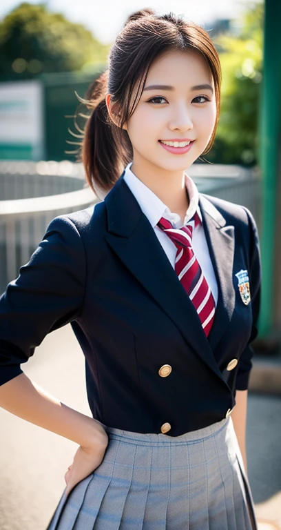 (a beautiful eurasian lady posing at railway crossing of Kamakura Kokomae Station, age 28, (((full bodyesbian))), ((Girls' High School Uniforms)), red pleated skirt, short_bob_hair_ponytail, dimples, friendly & kind smile, snaggle-tooth, realistic skin textures, healthy body proportion, hyper-realism, photorealistic, beautiful detailed eyes, high contrast, ultra HD, top image quality, fine details, very meticulously, masterpiece, the_cowboy_shot, bokeh background, morning dawn) #SLAMDUNK #スラムダンク