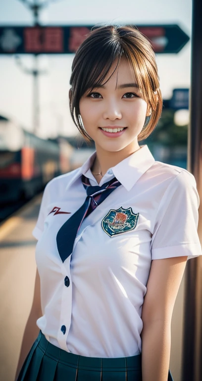 (a beautiful eurasian lady posing at railway crossing of Kamakura Kokomae Station, age 28, (((full bodyesbian))), ((Girls' High School Uniforms)), red pleated skirt, short_bob_hair_ponytail, dimples, friendly & kind smile, snaggle-tooth, realistic skin textures, healthy body proportion, hyper-realism, photorealistic, beautiful detailed eyes, high contrast, ultra HD, top image quality, fine details, very meticulously, masterpiece, the_cowboy_shot, bokeh background, morning dawn) #SLAMDUNK #スラムダンク