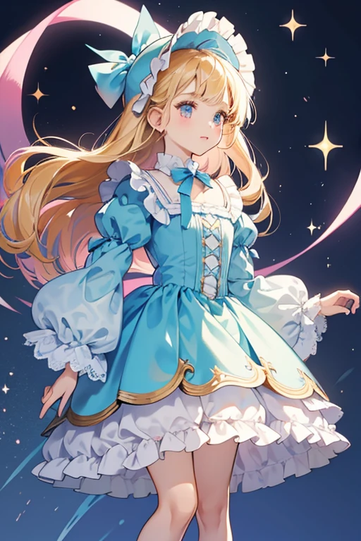 Little Bah is a fair-skinned girl with black button eyes and pale pink cheeks. She has golden blonde hair with straight-trim curved bangs and very small curls above her cheeks and a pastel blue bonnet.
Her outfit consists of a very pastel blue dress with puffed sleeves and a silk pink bow at her neck. The entire blue areas of the dress have tiny white ruffle trim to match her bonnet. Underneath the blue is a pastel pink skirt with tiny details in the form of holes going around each "petal" of the skirt. Her shoes are white with pale blue markings. SPARKLE; GLITTER