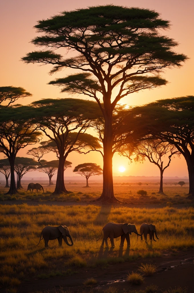 african savannah:Description of a vast African plain with elephants, tall trees and crystal clear streams.Warm colors of the sunset reflecting on vegetation and animals.