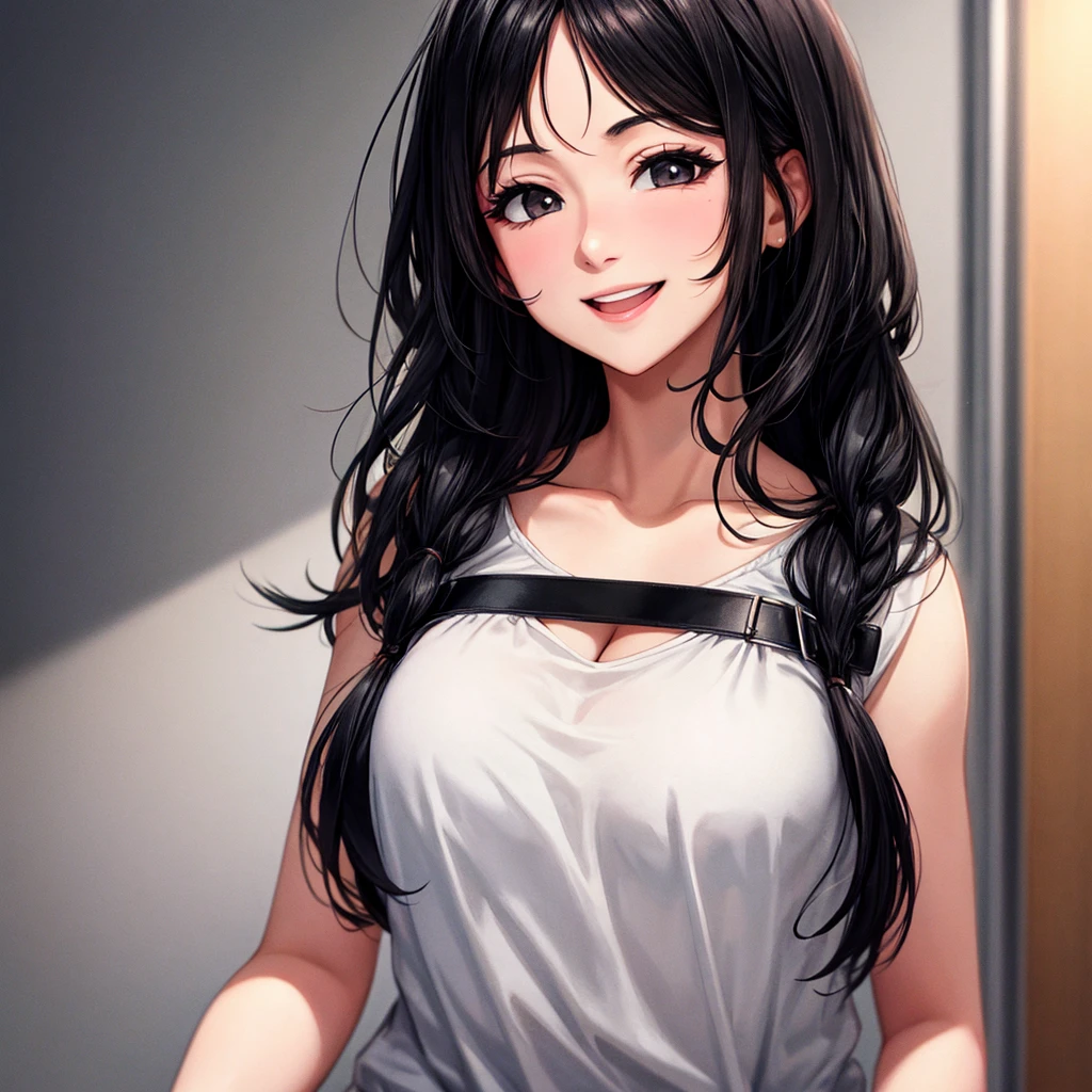 30-year-old woman, Chest injection, black eyes, Black Hair, Warm background, giggle