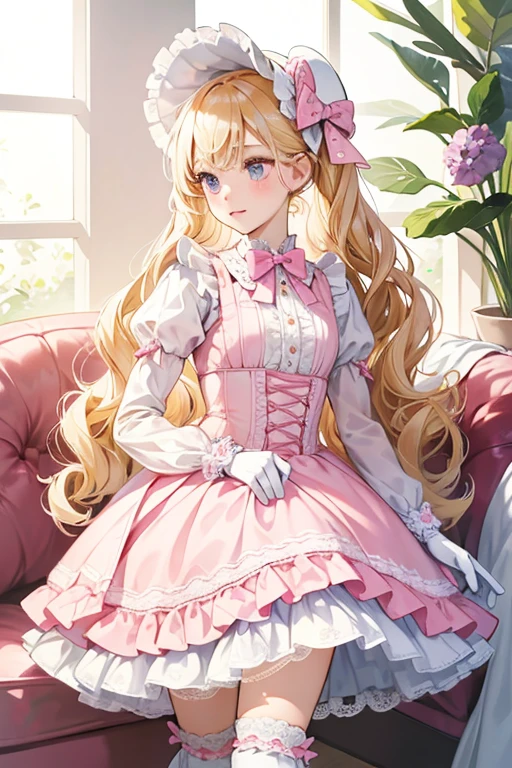 Little Bah Peep is a fair-skinned girl with cool pink cheeks. Her hair is vanilla blonde, a shade lighter than the mini's hair. It is in ringlets, pulled back with two pink bows and topped with a lace trimmed bonnet.

Her dress is updated slightly. It has a periwinkle polka dot top trimmed with white lace over a dusky pink eyelet lace skirt. It no longer has a lace up bodice. Her bloomers are pink and white gingham trimmed with lace, and her boots are blue and white. The large doll does not have gloves.  SPARKLE; GLITTER