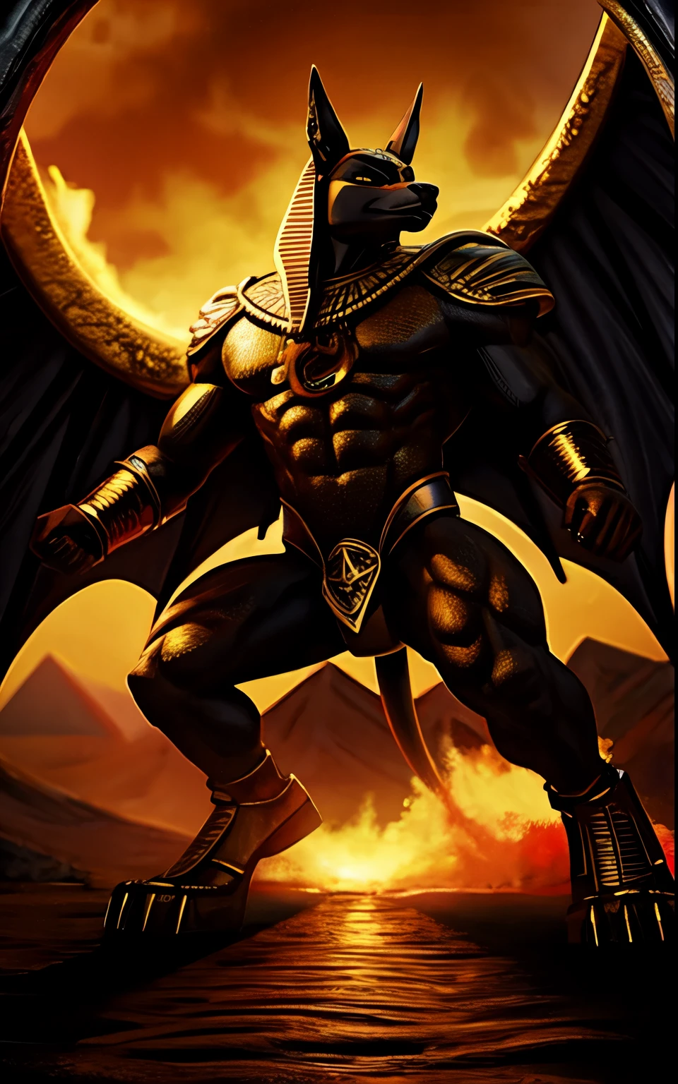 (high quality), jewelry, (dynamic pose), towards right, ((hell gate)), fire, hell landscape, (the underworld), anubis, egyptian jackal headed god, anthro, muscular, (holding golden scales), dynamic pose, cinematic, dramatic camera angle, golden armor:0.25, black & gold cape, (good anatomy), (good proportions), award winning, masterpiece, centered, macro